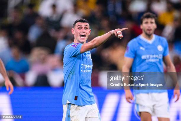 Phil Foden of Manchester City gestures during the FIFA Club World Cup Final match between Manchester City and Fluminense at King Abdullah Sports City...