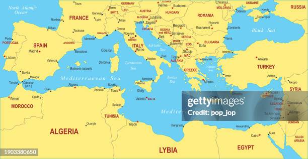 ilustraciones, imágenes clip art, dibujos animados e iconos de stock de mapa de la región del mar mediterráneo. mapa vectorial coloreado de la región del mar mediterráneo - túnez áfrica del norte