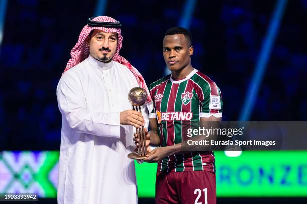 Jhon Arias of Fluminense is awarded with Adidas Bronze Ball during the FIFA Club World Cup Final match between Manchester City and Fluminense at King...