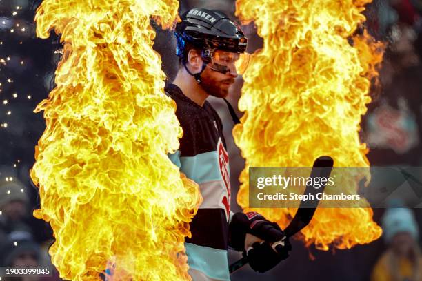 Adam Larsson of the Seattle Kraken walks toward the ice prior to the game against the Vegas Golden Knights at T-Mobile Park on January 01, 2024 in...