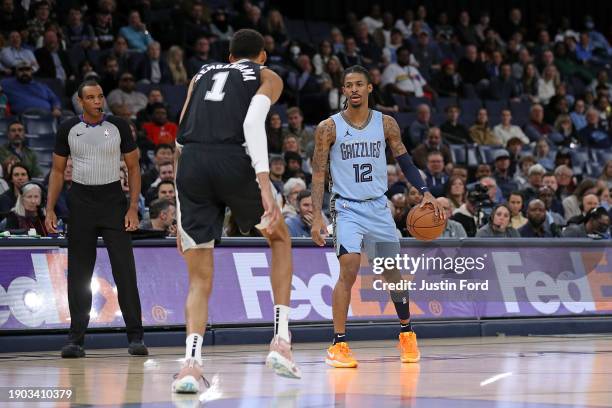 Ja Morant of the Memphis Grizzlies handles the ball against Victor Wembanyama of the San Antonio Spurs during the first half at FedExForum on January...