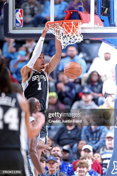 Victor Wembanyama of the San Antonio Spurs goes to the basket during the first half against the Memphis Grizzlies at FedExForum on January 02, 2024...