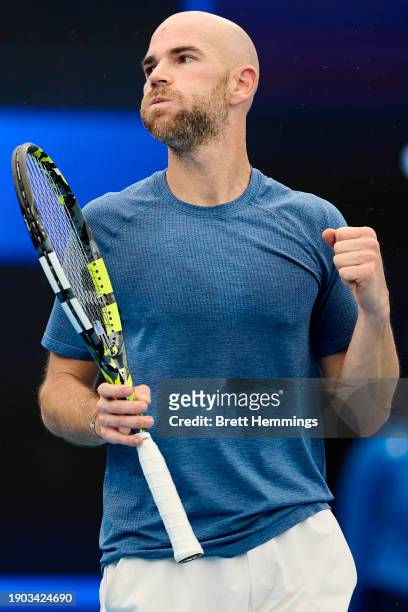 Adrian Mannarino of France celebrates victory in the Group D match against Lorenzo Sonego of Italy during day 5 of the 2024 United Cup at Ken...