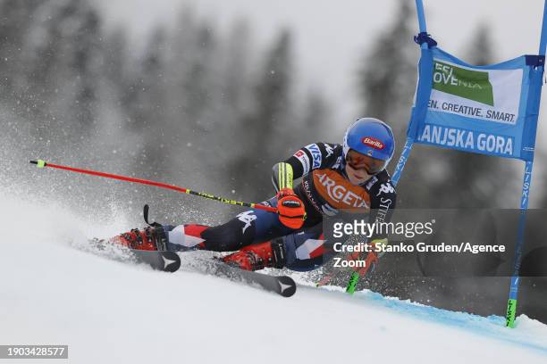 Mikaela Shiffrin of Team United States in action during the Audi FIS Alpine Ski World Cup Women's Giant Slalom on January 6, 2024 in Kranjska Gora,...