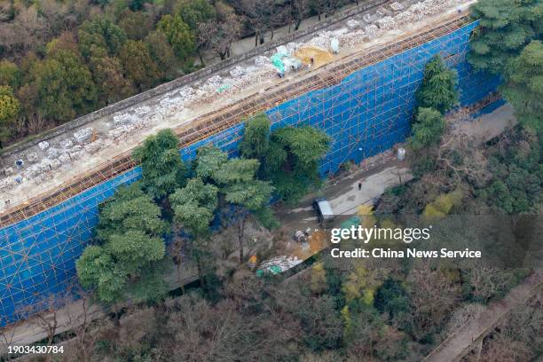 Aerial view of the Dragon's Neck section of the Nanjing City Wall under renovation on January 2, 2024 in Nanjing, Jiangsu Province of China.