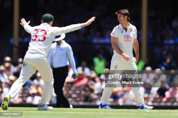 Mitchell Marsh of Australia celebrates the wicket of Shan Masood of Pakistan caught out by Steve Smith of Australia during day one of the Men's Third...