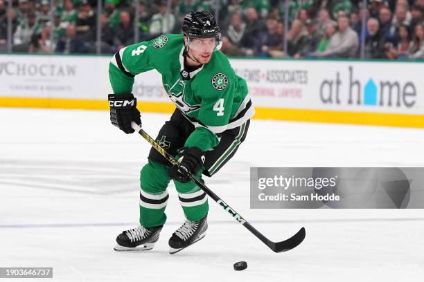 Miro Heiskanen of the Dallas Stars skates with the puck during the first period against the Montreal Canadiens at American Airlines Center on January...