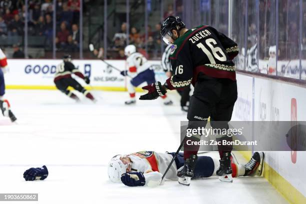 Jason Zucker of the Arizona Coyotes stands over Nick Cousins of the Florida Panthers after a hit during the second period at Mullett Arena on January...