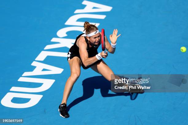 Marie Bouzkova of the Czech Republic plays a forehand in her match against Amanda Anisimova of the USA during the 2024 Women's ASB Classic at ASB...