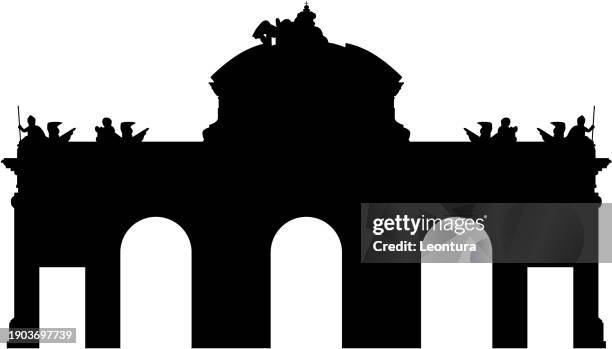 ilustraciones, imágenes clip art, dibujos animados e iconos de stock de puerta de alcalá, madrid, españa silueta - puerta principal