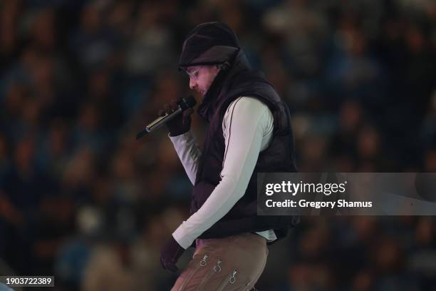Artist Jack Harlow performs during halftime of a game between the Green Bay Packers and Detroit Lions at Ford Field on November 23, 2023 in Detroit,...