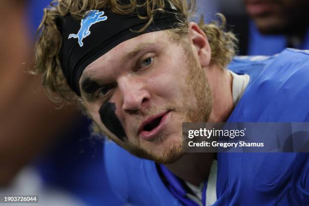 Aidan Hutchinson of the Detroit Lions plays against the Green Bay Packers at Ford Field on November 23, 2023 in Detroit, Michigan.