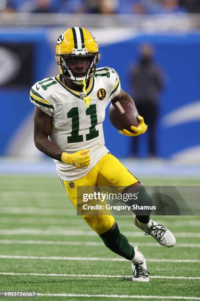 Jayden Reed of the Green Bay Packers plays against the Detroit Lions at Ford Field on November 23, 2023 in Detroit, Michigan.