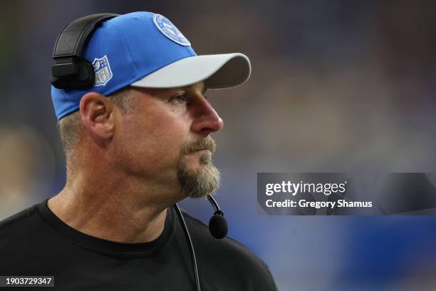 Head coach Dan Campbell of the Detroit Lions while playing the Green Bay Packers at Ford Field on November 23, 2023 in Detroit, Michigan.