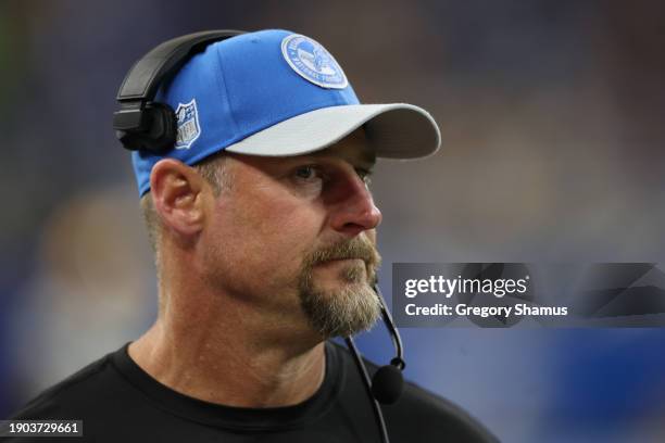 Head coach Dan Campbell of the Detroit Lions while playing the Green Bay Packers at Ford Field on November 23, 2023 in Detroit, Michigan.
