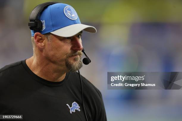 Head coach Dan Campbell of the Detroit Lions while playing the Green Bay Packers at Ford Field on November 23, 2023 in Detroit, Michigan.