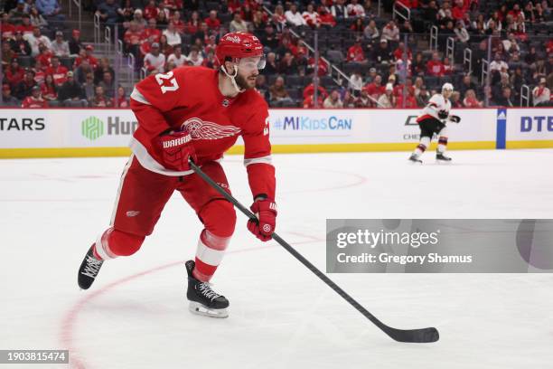 Michael Rasmussen of the Detroit Red Wings skates against the Ottawa Senators at Little Caesars Arena on December 09, 2023 in Detroit, Michigan.