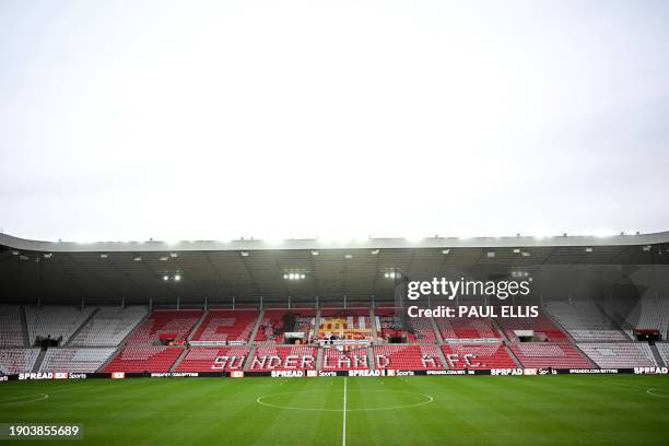 The empty stands inside the stadium are seen ahead of the English FA Cup third round football match between Sunderland and Newcastle United at The...