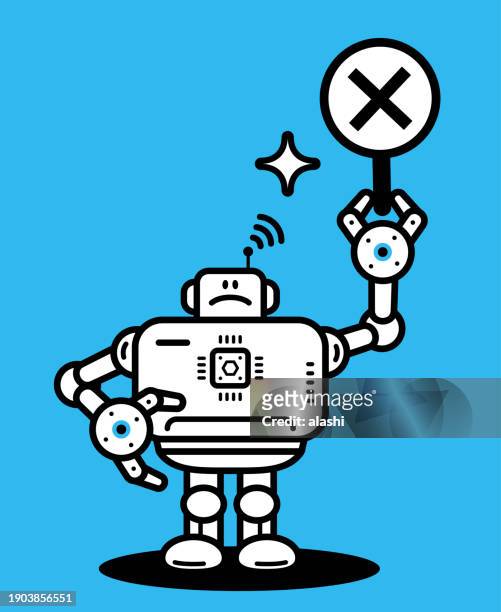 ilustrações de stock, clip art, desenhos animados e ícones de an artificial intelligence robot holding the wrong sign - stern form
