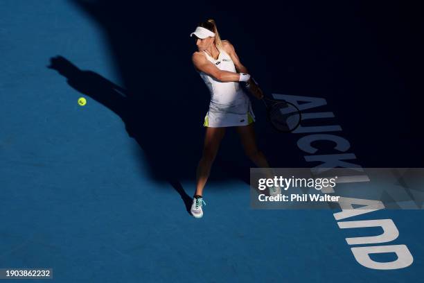 Lesia Tsurenko of the Ukraine plays a backhand in her match against Diane Parry of France during the 2024 Women's ASB Classic at ASB Tennis Centre on...