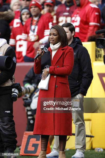 Sideline reporter Kristina Pink on the sideline during the game between the San Francisco 49ers and the Washington Commanders at FedEx Field on...