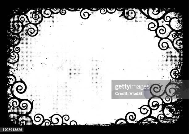 ilustrações de stock, clip art, desenhos animados e ícones de swirls filigree thorns decorative frame border grunge background - filigrana