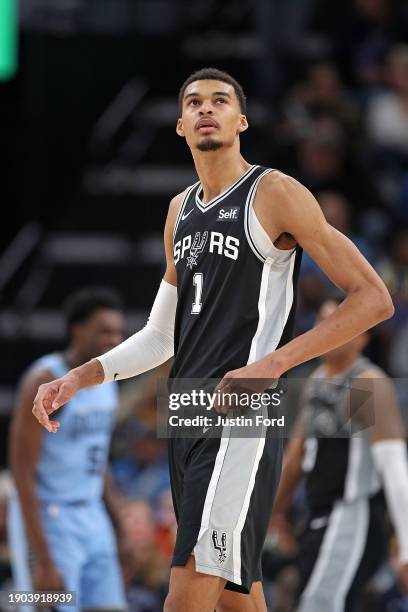 Victor Wembanyama of the San Antonio Spurs looks on during the game against the Memphis Grizzlies at FedExForum on January 02, 2024 in Memphis,...