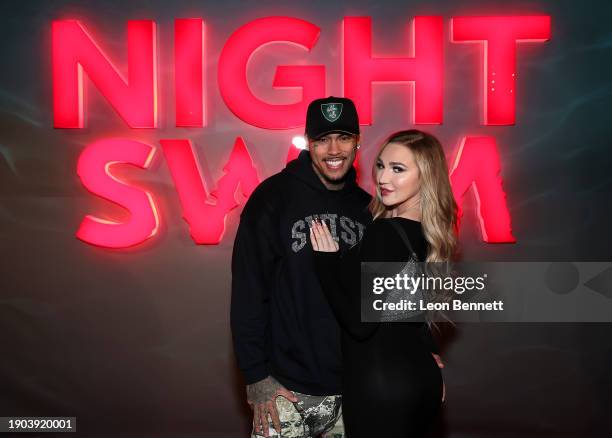 Landon "InkMonstarr" Nicoles and Kendra Sunderland attend a special NIGHT SWIM event, Presented by Universal Pictures, at Skybar on January 02, 2024...