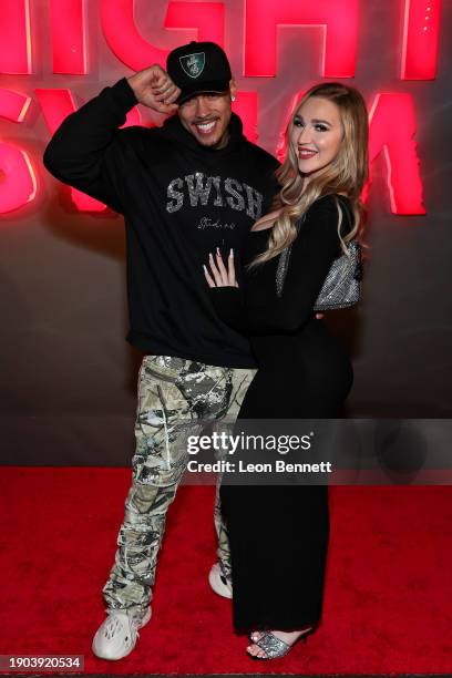 Landon "InkMonstarr" Nicoles and Kendra Sunderland attend a special NIGHT SWIM event, Presented by Universal Pictures, at Skybar on January 02, 2024...