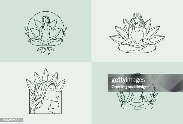 illustrazioni stock, clip art, cartoni animati e icone di tendenza di raccolta di disegni di illustrazione vettoriale di yoga lineare. pacchetto di collezione yoga lineart per il design vettoriale del concetto di line art - illustrazioni stock - fiore di loto