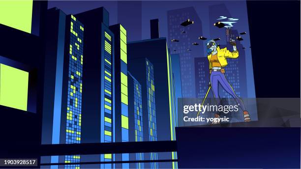 vector female cyberpunk mercenary in a city vector illustration - visor digital 幅插畫檔、美�工圖案、卡通及圖標