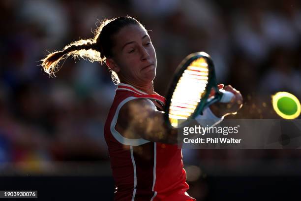 Diane Parry of France plays a forehand in her match against Lesia Tsurenko of the Ukraine during the 2024 Women's ASB Classic at ASB Tennis Centre on...