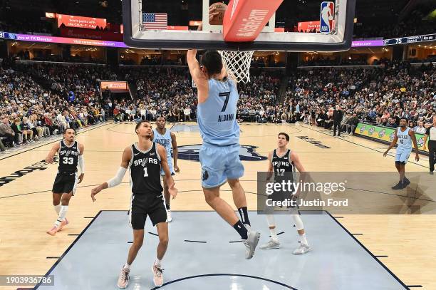 Santi Aldama of the Memphis Grizzlies dunks during the game against Victor Wembanyama of the San Antonio Spurs at FedExForum on January 02, 2024 in...