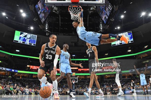 Ja Morant of the Memphis Grizzlies goes to the basket during the game against the San Antonio Spurs at FedExForum on January 02, 2024 in Memphis,...