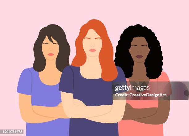 ilustraciones, imágenes clip art, dibujos animados e iconos de stock de diferentes etnias de mujeres juntas. concepto del día internacional de la mujer. feminidad, independencia, igualdad de género y empoderamiento femenino - brazos cruzados