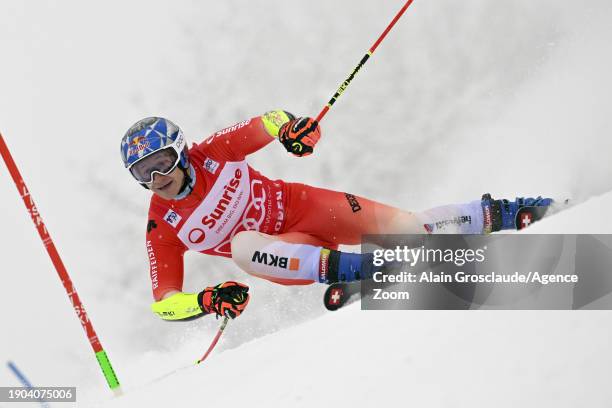 Marco Odermatt of Team Switzerland in action during the Audi FIS Alpine Ski World Cup Men's Giant Slalom on January 6, 2024 in Adelboden, Switzerland.