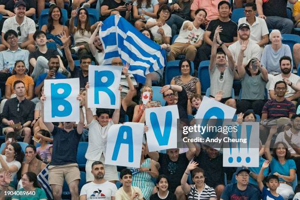 Fans support Stefanos Tsitsipas of Team Greece in the group B match against Steven Diez of Team Canada during day five of the 2024 United Cup at Ken...