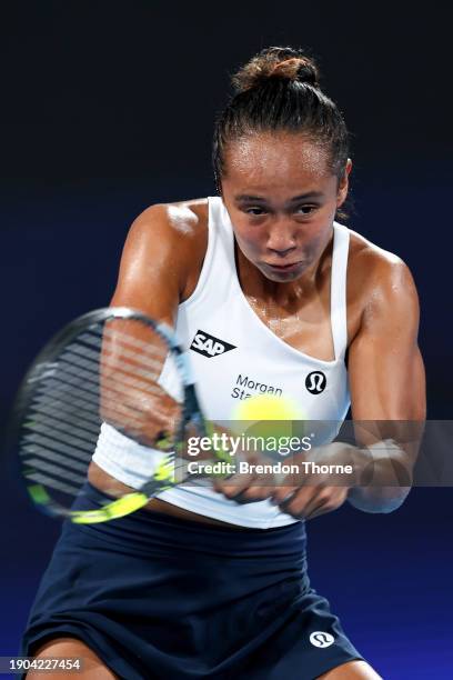 Leylah Fernandez of Canada plays a backhand in their group B match against Maria Sakkari of Greece during the 2024 United Cup at Ken Rosewall Arena...
