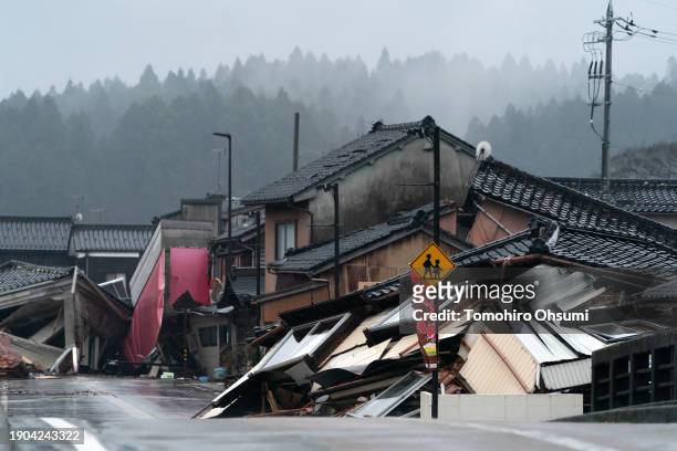 Collapsed houses are seen following an earthquake on January 03, 2024 in Anamizu, Japan. A series of major earthquakes have reportedly killed at...