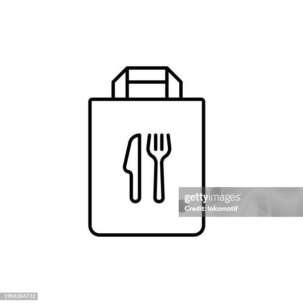 ilustraciones, imágenes clip art, dibujos animados e iconos de stock de icono de línea de comida para llevar con trazo editable. el icono es adecuado para diseño web, aplicaciones móviles, interfaz de usuario, ux y diseño de gui. - bolsa reutilizable