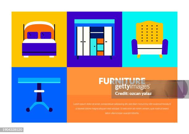 furniture related vector banner design concept. global multi-sphere ready-to-use template. web banner, website header, magazine, mobile application etc. modern design. - horizontal blinds stock illustrations