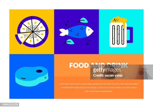 food and drink related vector banner design concept. global multi-sphere ready-to-use template. web banner, website header, magazine, mobile application etc. modern design. - croissant stock illustrations