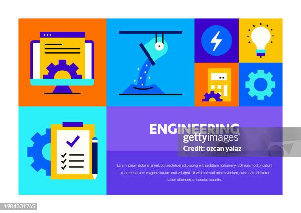 engineering related vector banner design concept. global multi-sphere ready-to-use template. web banner, website header, magazine, mobile application etc. modern design. - aerospace engineering stock illustrations