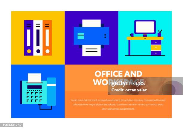 office and workspace related vector banner design concept. global multi-sphere ready-to-use template. web banner, website header, magazine, mobile application etc. modern design. - pencil sharpener stock illustrations