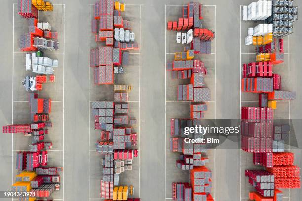 large group of construction materials, aerial view - industrial district stock pictures, royalty-free photos & images