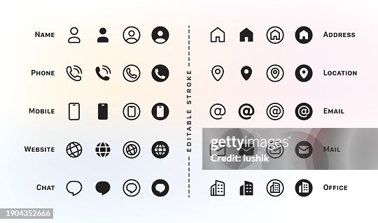 Visitenkarten-Icon-Set. Kontaktieren Sie uns Designvorlage. Bearbeitbares Strichzeichen-Paket. Enthält Symbole - Name, Telefon, Standort, Website, Adresse, E-Mail, E-Mail, Büro, Handy und Chat-Symbol. Visitenkarten-Icon-Set. Kontaktieren Sie uns Designvorlage. Bearbeitbares Strichzeichen-Paket. Enthält Symbole - Name, Telefon, Standort, Website, Adresse, E-Mail, E-Mail, Büro, Handy und Chat-Symbol.