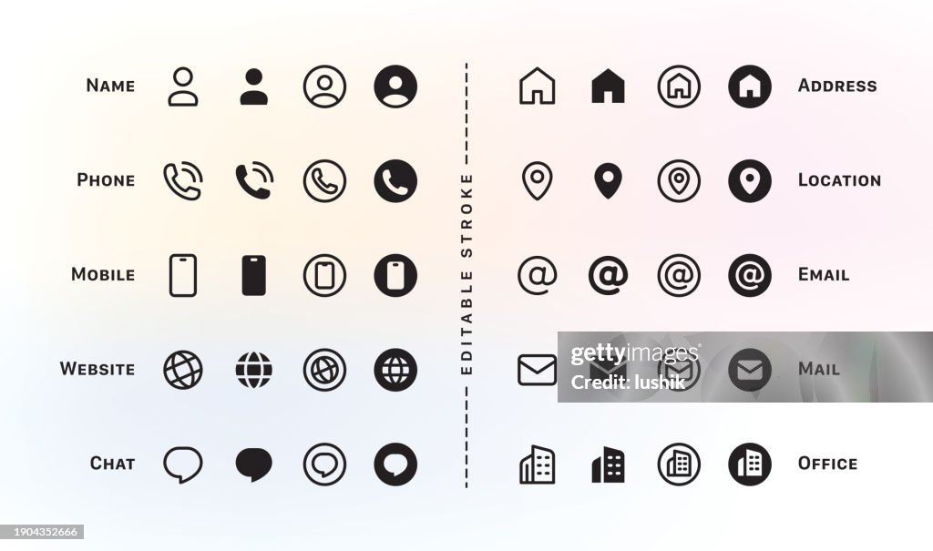 Business card icon set. Contact Us design template. Editable stroke sign pack. Contains icons - name, phone, location, website, address, mail, email, office, mobile, and chat symbol.