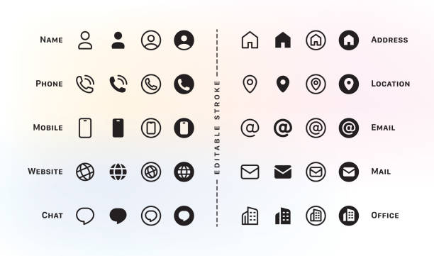 business card icon set. contact us design template. editable stroke sign pack. contains icons - name, phone, location, website, address, mail, email, office, mobile, and chat symbol. - communication stock illustrations