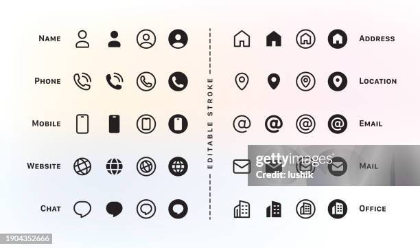 business card icon set. contact us design template.  editable stroke sign pack. contains icons - name, phone, location, website, address, mail, email, office, mobile, and chat symbol. - e mail icon stock illustrations