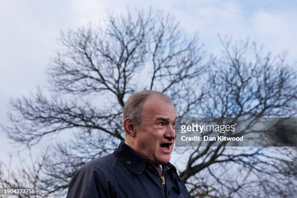 The Liberal Democrat party leader Ed Davey speaks the media after a campaign launch event on January 03, 2024 in Guildford, England. Ed Davey...
